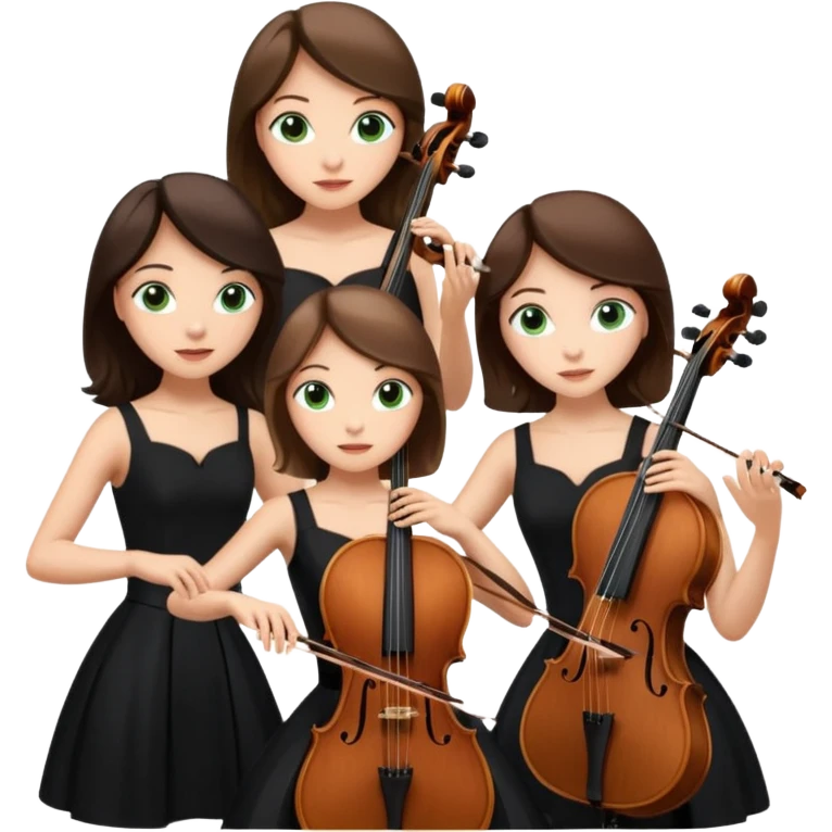 Create an imagine of three brunette women playing string instruments in black dresses, the first is playing a cello with blue eyes, the second is playing a viola with hazel eyes and the third is playing the violin with green eyes emoji