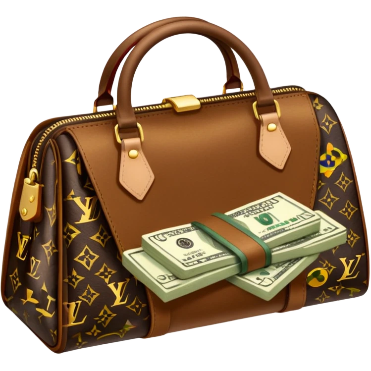 Louis Vuitton purse with dolars in the bag emoji