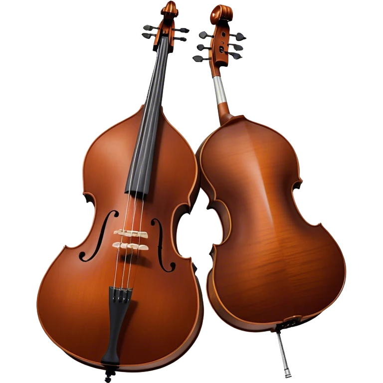 Create an elegant and detailed emoji representing a Gliga Gama double bass with bow. The design should showcase the large, sleek body of the double bass with its rich wood finish, including the characteristic curves and deep tone holes. The bow should be elegantly positioned next to the instrument, highlighting the hair and smooth wooden stick. Use warm wood tones like chestnut brown for the body of the bass, silver accents for the fittings, and dark brown for the bow. Add subtle musical notes or sound waves flowing from the bass to represent its deep, resonant sound. The background should be transparent. emoji