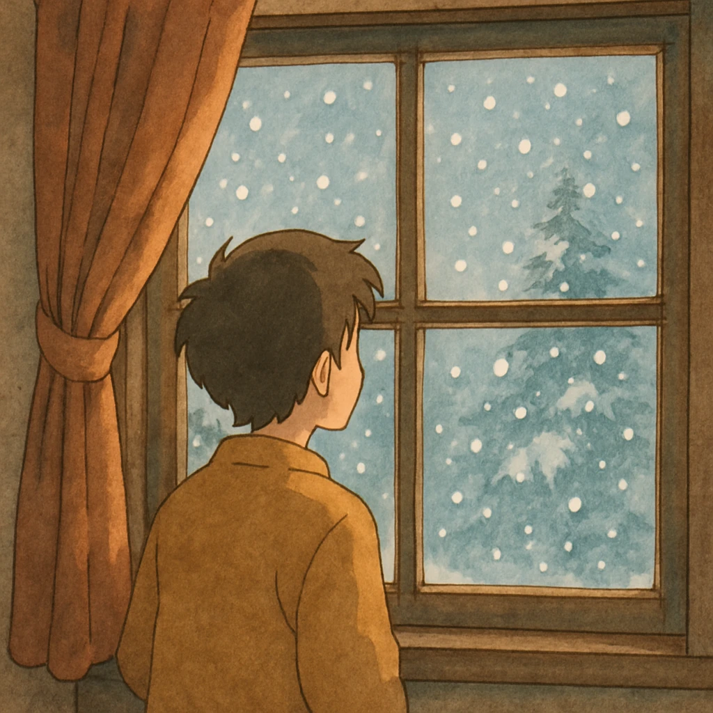 ghibli style illustration of someone watching snow fall through a window emoji
