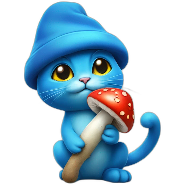 blue smurf cat with a mushroom fungai hat, with berries on his back and a stick poking into the berries with a snail poked into it emoji