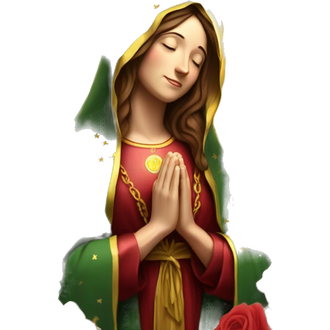 Virgin Mary: kind face looking down at the left, long brown hair, Wearing an emerald green  robe with gold stars and a burgundy red dress,  Hands in prayer or blessing. Halo around her head. standing in front of a big sun. colorful roses on the sides  emoji