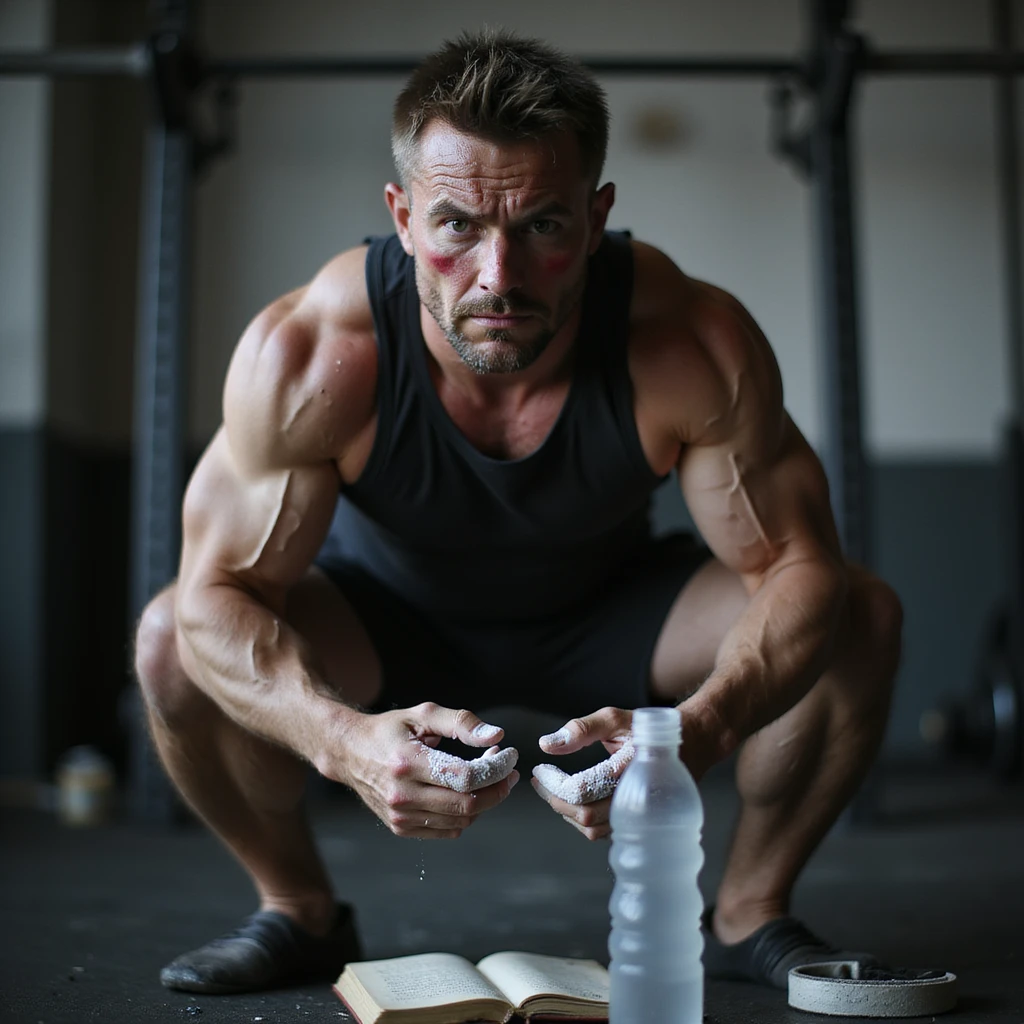 30-year-old muscular man, heavy squat in gym, tired face, hands with chalk, training diary nearby, dark circles and redness on joints, water bottle, magnesium, belt on floor, blurred gym background, cold lighting, cinematic realism style emoji