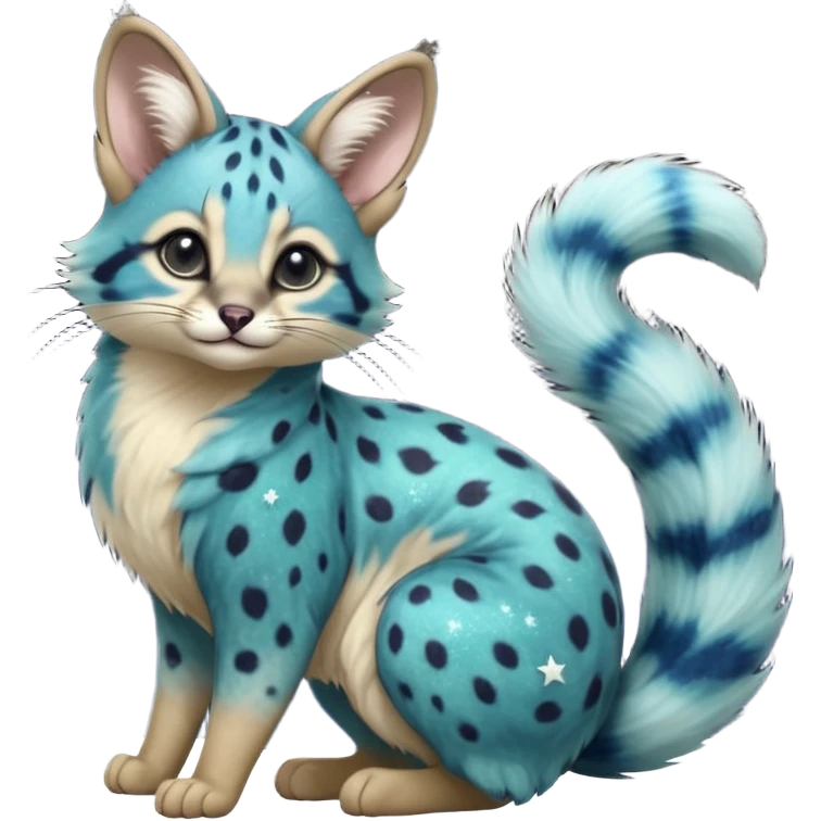 Hyper realistic  galactical nebulae galaxy-swirl indigo-teal fur scattered with star-salt sparkle grains beautiful elegant pretty precious cute  Fakémon-Pokémon-opossum-feline-serval-caracal-chinchilla-Furret-Minccino-hybrid-creature with a big fluffy bushy tail (full body) emoji