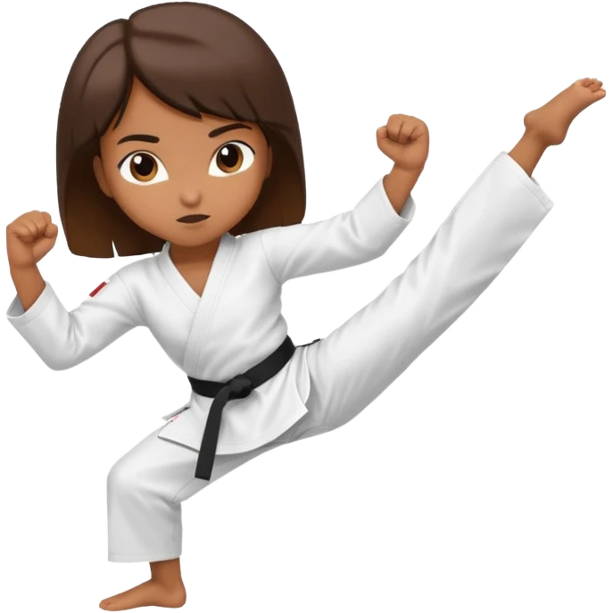 Ragazza castana che pratica karate, ha la cintura nera ed io tradizionale kimono bianco del karate, tira un calcio laterale oppure un pugno oppure è in posizione di guardia emoji