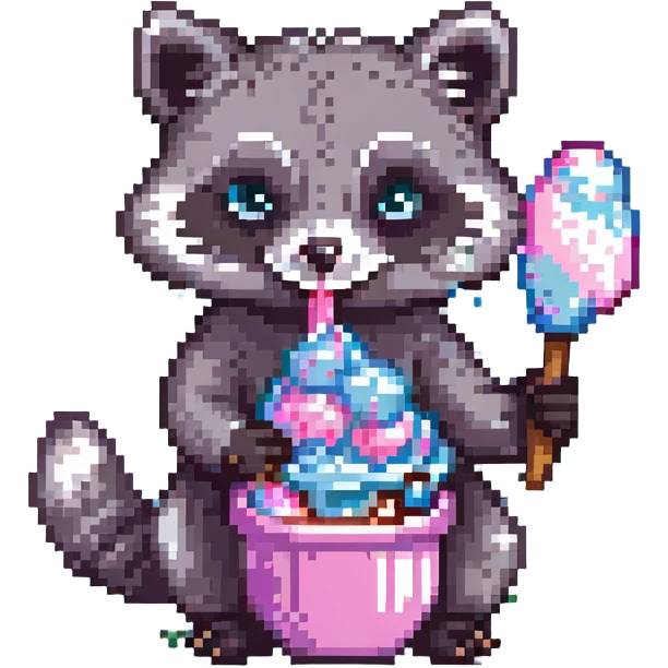 raccoon eating cotton candy, pixel art style emoji