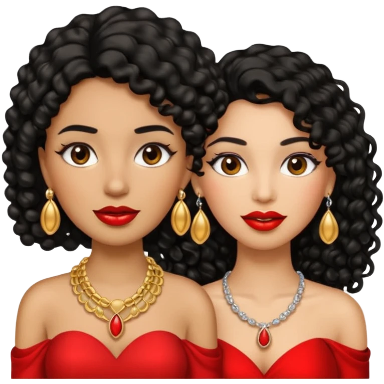An emoji with two women, one woman with caramel skin color, black curly hair long. The other one is fair skin with brown straight hair and they're wearing jewelry and makeup. emoji