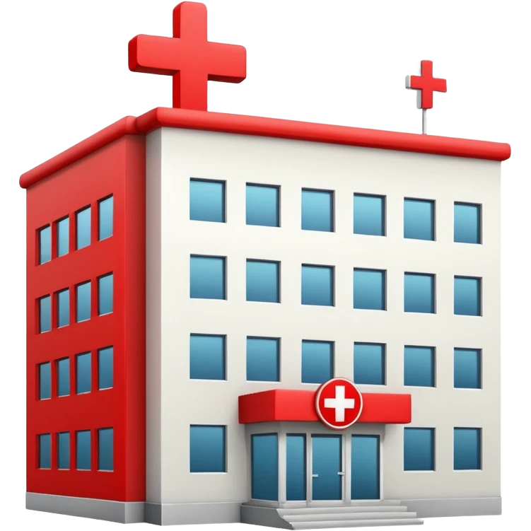 A hospital building with a large red +. In PNG format. emoji