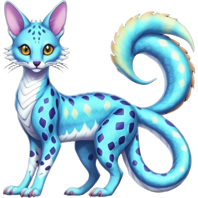Flurry furry colorful bioluminescent translucent neon gloomy dusky scaly sergal-serval-possum-sphynx-Koi-sergal-fusion-animal-hybrid-creature with a snake-tail emoji