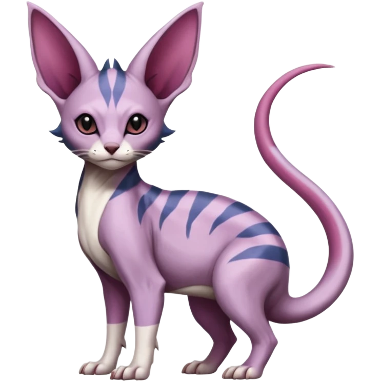 Purple, white, black, Minccino-Nidoran-Sphynx-Lykoi-Linoone-Zangoose-fusion-hybrid-animal-Fakémon-creature, full body, thin long sleek scaly tail, intricate markings emoji