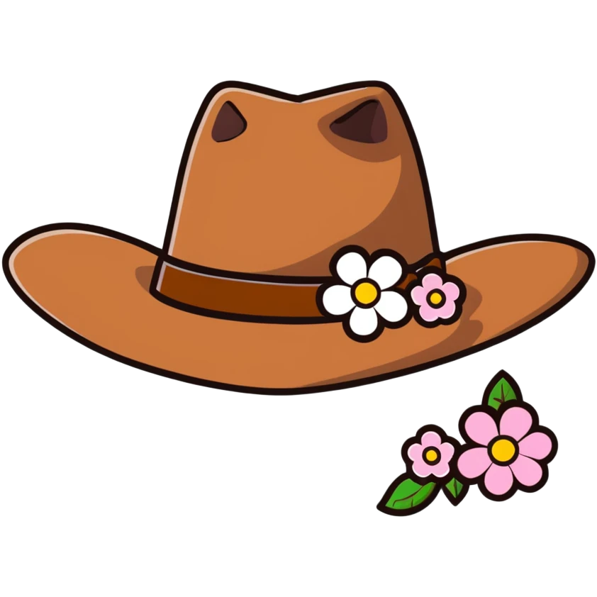 Cowgirl hat with flowers, pink and white flowers decorating a brown cowboy hat emoji
