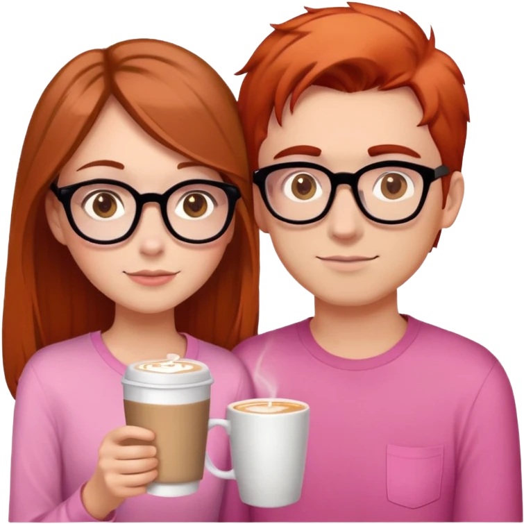 girl with brown hair and hazel eyes drinking latte, hair just below shoulder length and wearing a pink shirt. She is with her with her boyfriend who has orange/red hair, black glasses, and is taller than her. He needs a book in his hand”. The girl does not wear glasses  emoji