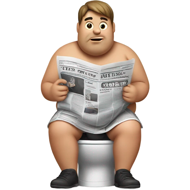 fat guy sitting on toilet reading newspaper no shirt front view emoji