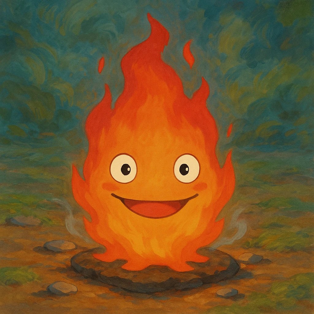 Calcifer the fire demon from Howl's Moving Castle, depicted as a lively, expressive flame with big eyes and a mischievous smile, inspired by the Ghibli movie style emoji