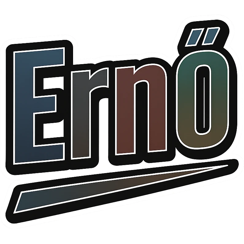 Ernő name in masculine, modern gradient font with dark contour, prominent and clearly visible white border like the sample image, dynamic slanted underline, masculine color shades (blue, gray, burgundy, green, brown), 1000x1000 px, PNG, transparent background, in the style of the uploaded Dezső sample, with an alternative solution if the long ő letter is not available. emoji