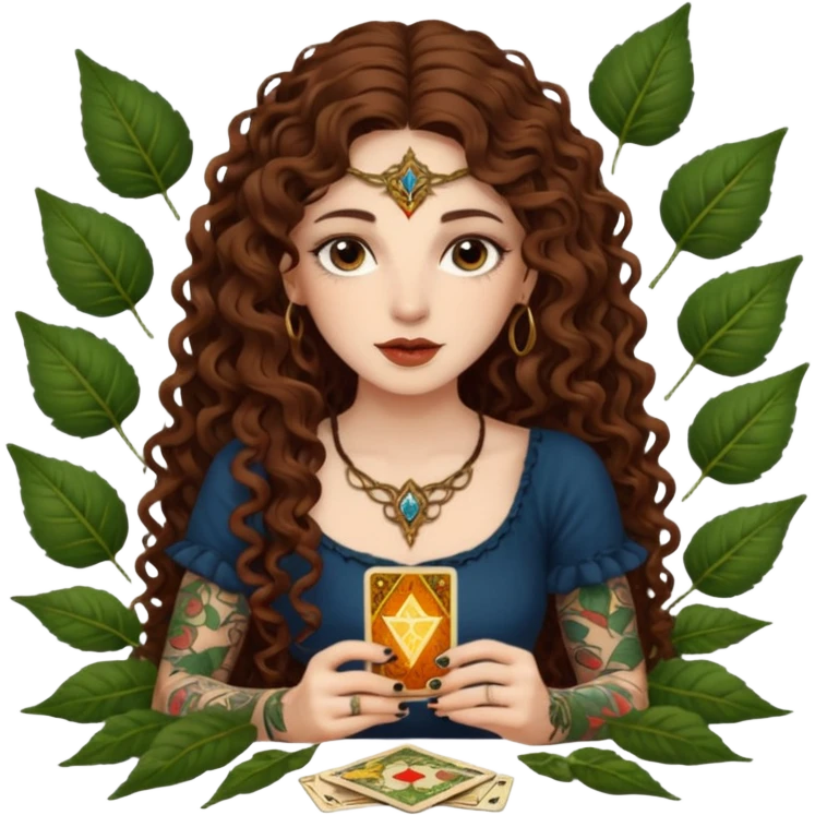 woman with long curly brown hair, brown eyes, white skin, tattoos, reading tarot cards made of leaves  emoji