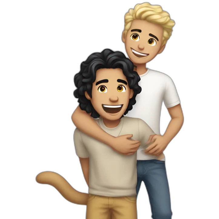 Gay couple, 1 guy Latino black straight hair and 1 Australian guy with blonde slightly curly hair with a cat laughing full body by emoji