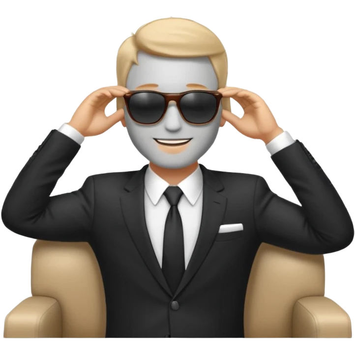 white man in formal suit wearing sunglasses resting with hands behind head emoji