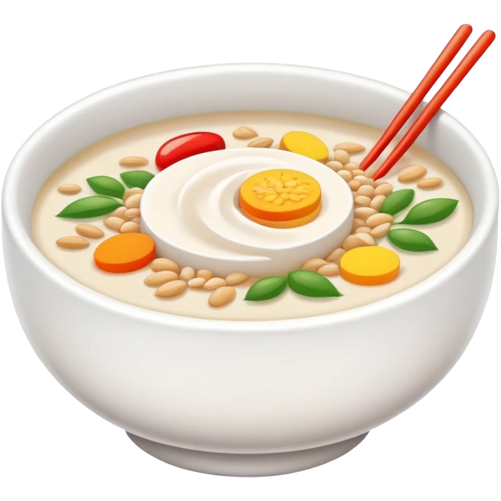 Laba Festival congee with colorful ingredients and garnishes, simplified emoji style with bold outlines and bright colors, cartoon style traditional Buddhist ceremonial porridge emoji