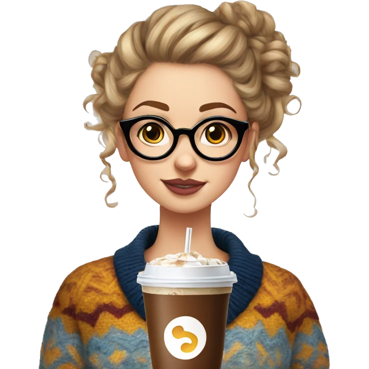A white girl with circle glasses and a curly messy bun in an oversized and patterned sweater with an iced coffee emoji