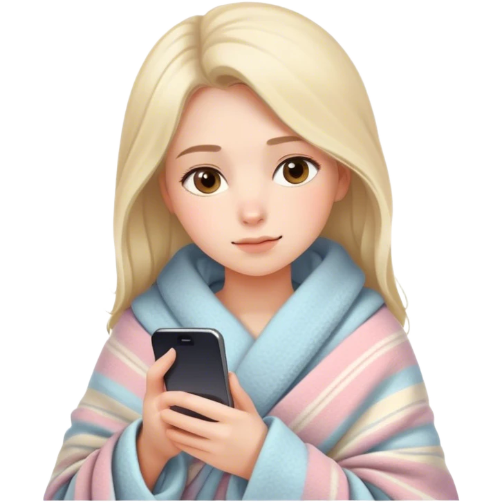 Create an emoji in Apple's iOS emoji style: a young woman wrapped in a cozy blanket, comfortably holding and looking at her smartphone. She has a neutral, relaxed expression, soft facial features, and minimalistic shading typical for Apple emojis. Colors are warm, pastel, and soothing.
 emoji