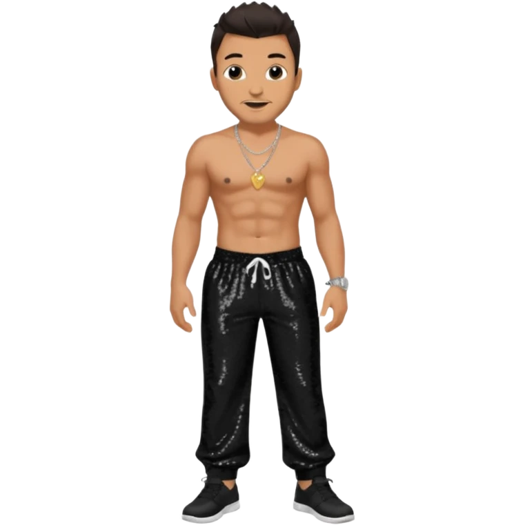 Peter Andre with dark brown hair, black sequin baggy pants, shirtless with necklace emoji