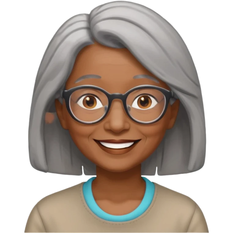 Older woman of color with gray shoulder length  hair and glasses and smiling emoji