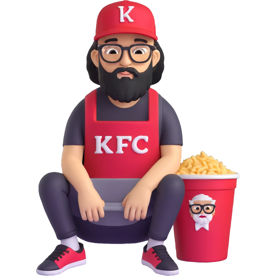 BBNO$ rapper sitting in a KFC bucket, glasses, beard, snapback cap emoji