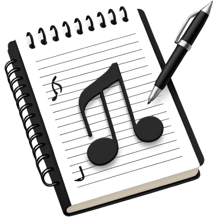 Minimalistic flat vector icon, iOS style, thin black contour on white background. Small notebook with a musical note on the cover, a pen placed next to it. Clean, modern, no text, no shadows. emoji