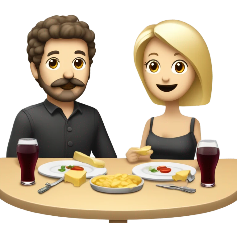 Repas raclette et deux verres de vin blanc en couple, femme blonde cheveux aux-dessus des épaules homme petite barbe et moustache grisonnantes et cheveux bruns grisonnant  emoji