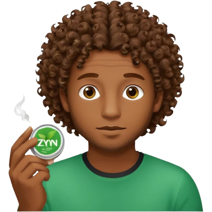Man with Curley brown hairholding Zyn spearmint snus emoji