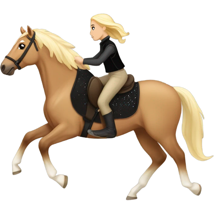  A Palomino horse running with a black sequin rug on his back and a whit rider girl brown hair  on his back without a helmet dressed in black pants and a vest   emoji