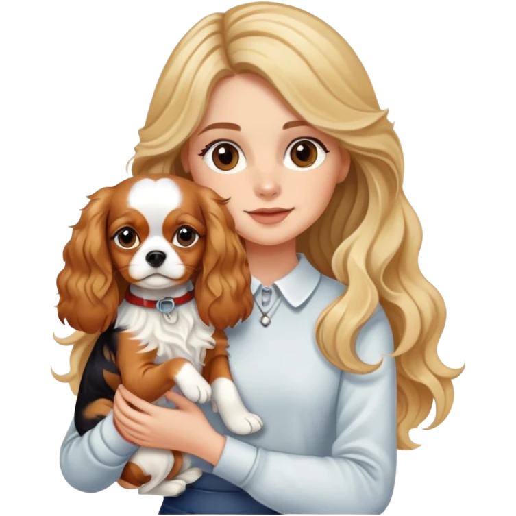 Girl with fair skin, long and wavy hair with blonde highlights, holding a cavalier king dog emoji