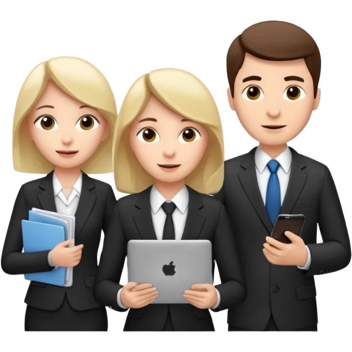 Команда в костюмах из трёх человек. на переднем палне Мужчина впереди общается по смартфону, дальше женщина слева стоит с ноубуком, мужчина справа держит бумаги emoji