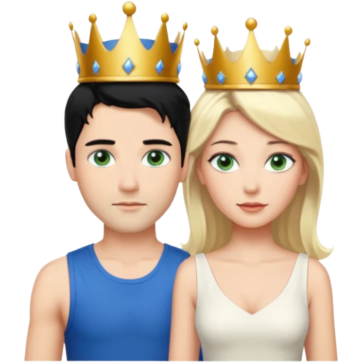 Prince with crown, black hair, blue eyes, woman blonde hair, green eyes, sexy white short sleveless dress,  emoji