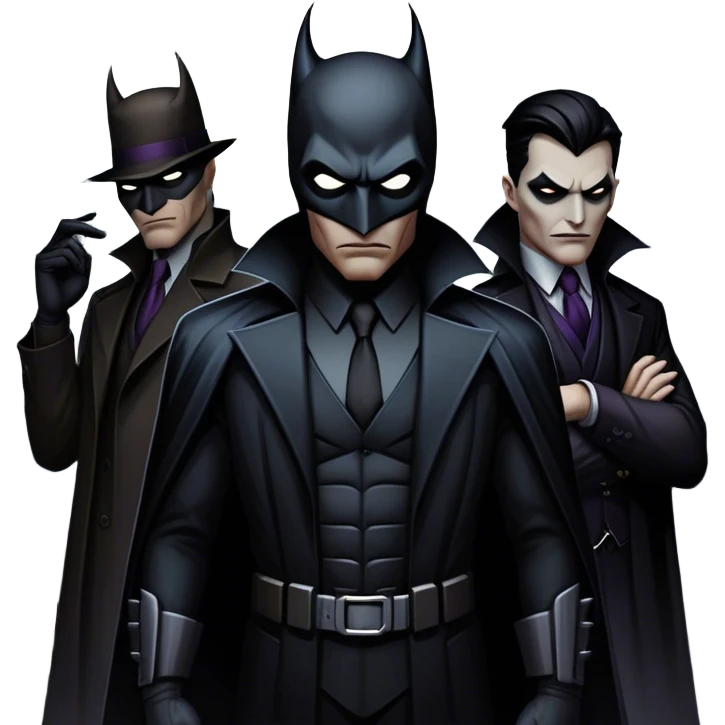Icon for Thriller Movies: A large, dramatic collage featuring sinister villains in dark clothing. The background shows the gloomy cityscape of Gotham, with dim lighting and eerie shadows. The atmosphere should be tense, mysterious, and suspenseful. Transparent background. emoji
