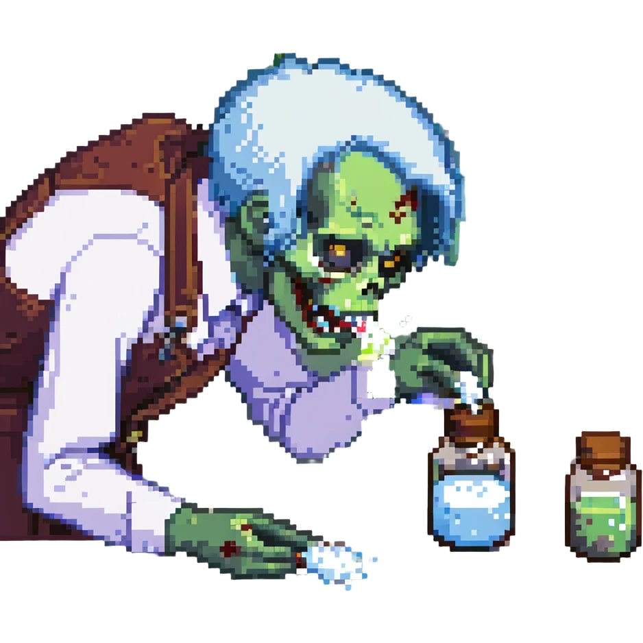A zombie Leo  sniffing white powder with a background lab in the style of a pixel art emoji