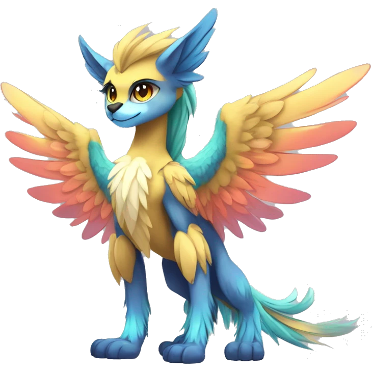 Anthro Sona Cool Edgy Cute Colorful Shy Winged Shiny Fakemon-Fantasy-Creature With Long Hair-Mane Full Body emoji