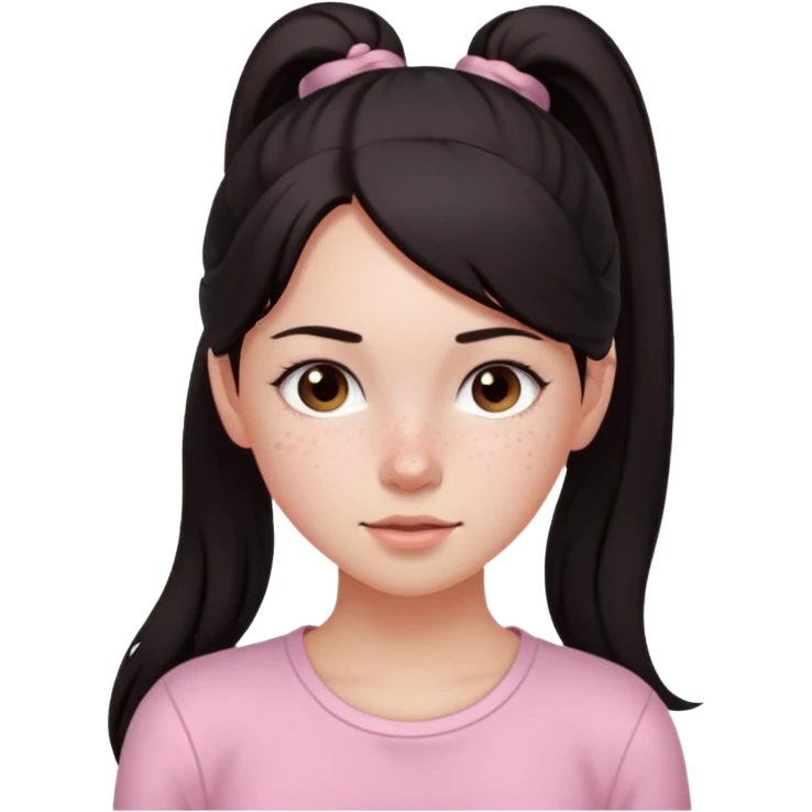 Девочка с длинными темными волосами в хвосте и веснушками в нежно розовом emoji