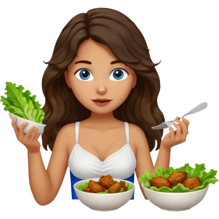 Girl with olive skin, blue eyes, brown dark insanely wavy long hair, white camisole eating a bowl of lettuce and chicken emoji