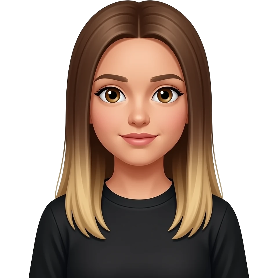 JN - teenage girl, medium suntan, long hair, straight medium brown hair fading to blonde at the tips, long sleeved black crew neck t-shirt emoji