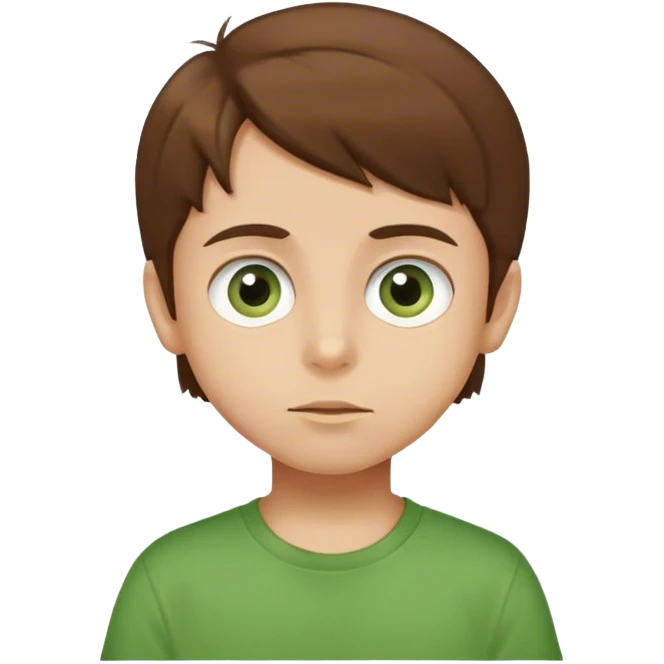 kid with big eyes, brown hair, green t-shirt emoji