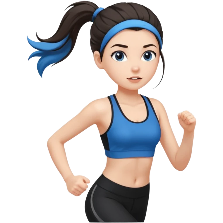 A girl with fair skin and a caring blush. Her eyes are big, expressive, blue. Her hair is long, straight, dark brown. 

 in a ponytail 

running, she is wearing black leggings and a black sports bra emoji