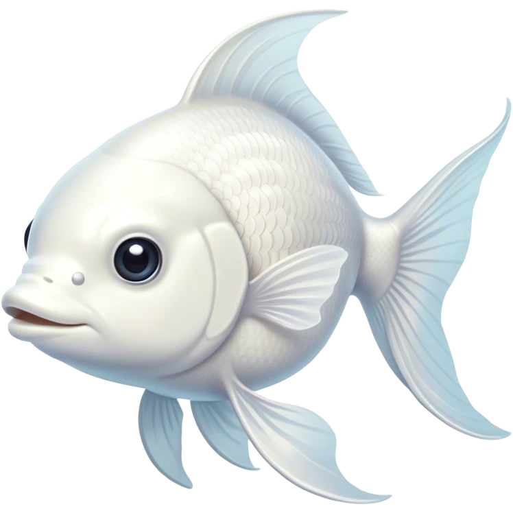 Cinematic Noble White Goldfish Portrait Emoji, Poised and regal, with a sleek, streamlined build and a luminous, pure white body, deep-set soulful pale eyes, Simplified yet sharp and sophisticated features, highly detailed, glowing with a soft, dignified glow, high shine, intelligent and graceful, stylized with an air of aquatic purity, focused and attentive, soft glowing outline, capturing the essence of a watchful and confident aquatic companion, so majestic it feels as though it could glide out of the screen with effortless authority! emoji