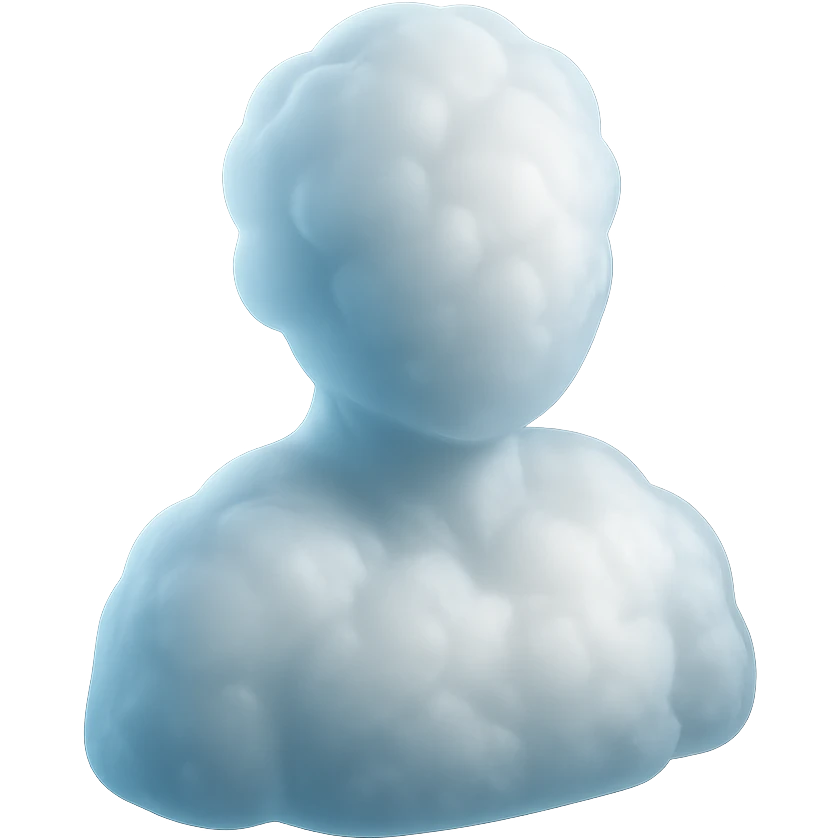 shoulder-up person fully made of white fluffy convex clouds, matte glass style emoji