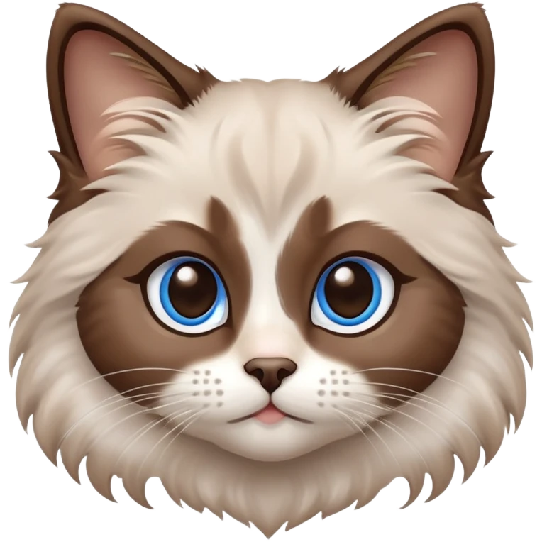 cinematic-fluffy-brown-ragdoll-cat-portrait-emoji,-head-tilted-cutely-with-big,-sparkling-blue-eyes,-soft-brown-and white-colored-fur-with-darker-points-on-the-ears,-face,-and-paws,-simplified-yet-irresistibly-adorable-features, emoji