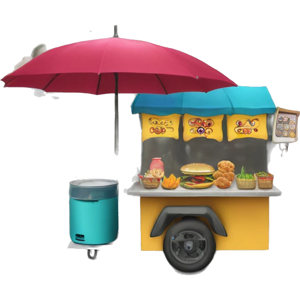 An emoji of a street food cart with a small table, colorful umbrella, and various food items on display emoji