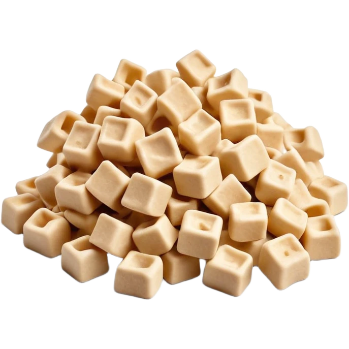 loose pile of irregular light beige soy protein chunks or curls with dry porous texture and slightly rough surface, unevenly shaped, resembling dehydrated plant matter, airy and fibrous, no bowl packaging or garnish, soft lighting, subtle shadows, emoji scale emoji