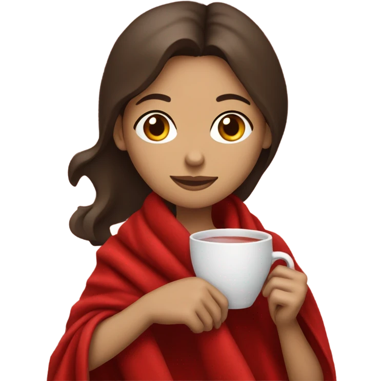 Brunette girl wrapped in red blanket sipping tea emoji