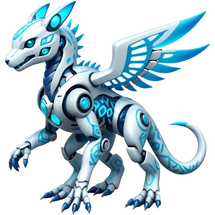 Futuristic mechanical modern badass cool shiny white with glowing cyan-blue animal Digimon Fakémon hybrid full body with intricate patterns emoji